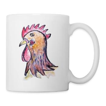 Ein bunter Hahnenkopf, Hahn im Korb - Tasse - Weiß - Rechts