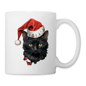 Schwarze Katze mit Weihnachtsmütze, T-Shirt, Tasse - Tasse - Weiß - Rechts