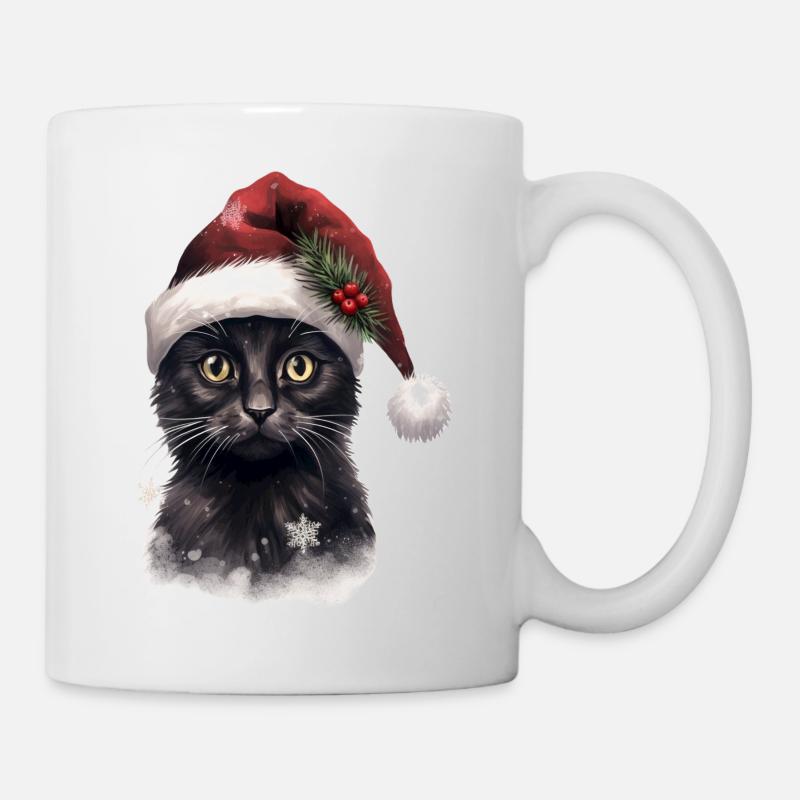 Black cat with a christmas hat, t shirt, mug - Mug - white