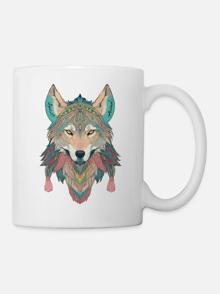 Animal spirituel, loup, plume, symbole de protection, pastel - Mug blanc - blanc
