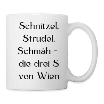 Schnitzel, Strudel, Schmäh - lustiger Wien-Spruch - Tasse - Weiß - Rechts