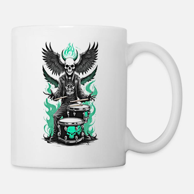 Skull Metal Drummer Green Flames - Mug - white
