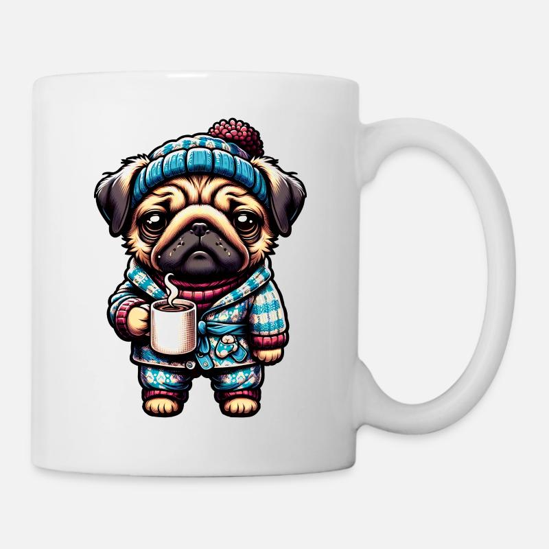 Carlin en pijama et écharpe avec une tasse de café - Mug blanc - blanc