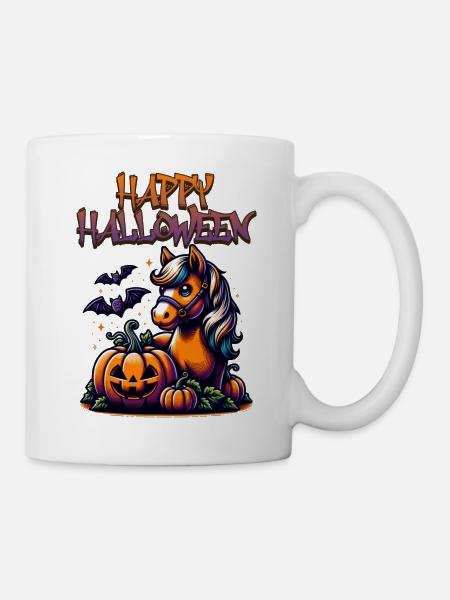 Halloween Pferd mit Kürbis und Fledermaus - Tasse - Weiß