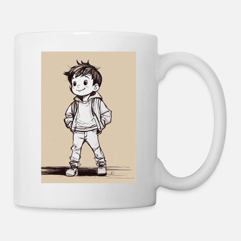 A young boy wearing pants and a jacket. - Mug blanc - blanc