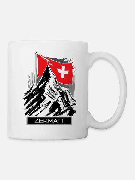 Zermatt mit Schweizer Flagge – Alpine Eleganz - Tasse - Weiß