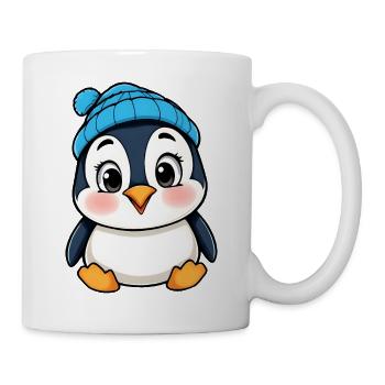 Fröhlicher Cartoon-Pinguin in blauer Mütze - Tasse - Weiß - Rechts