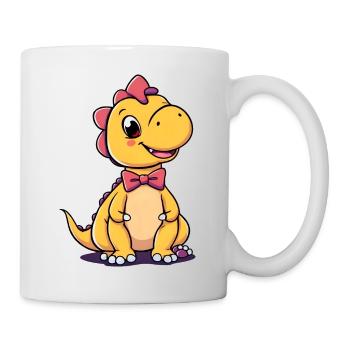 Niedlicher Cartoon-Dinosaurier mit rosa Fliege entspannend - Tasse - Weiß - Rechts