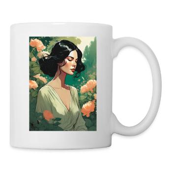 black-haired beautiful woman in flower field gift - Mug - white - Right