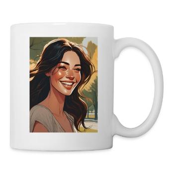 lächelnde Frau mit schwarzen braune dunklen Haaren - Tasse - Weiß - Rechts