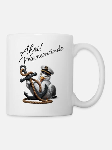Ahoi Warnemünde ! Lustige Möwe mit Anker - Tasse - Weiß