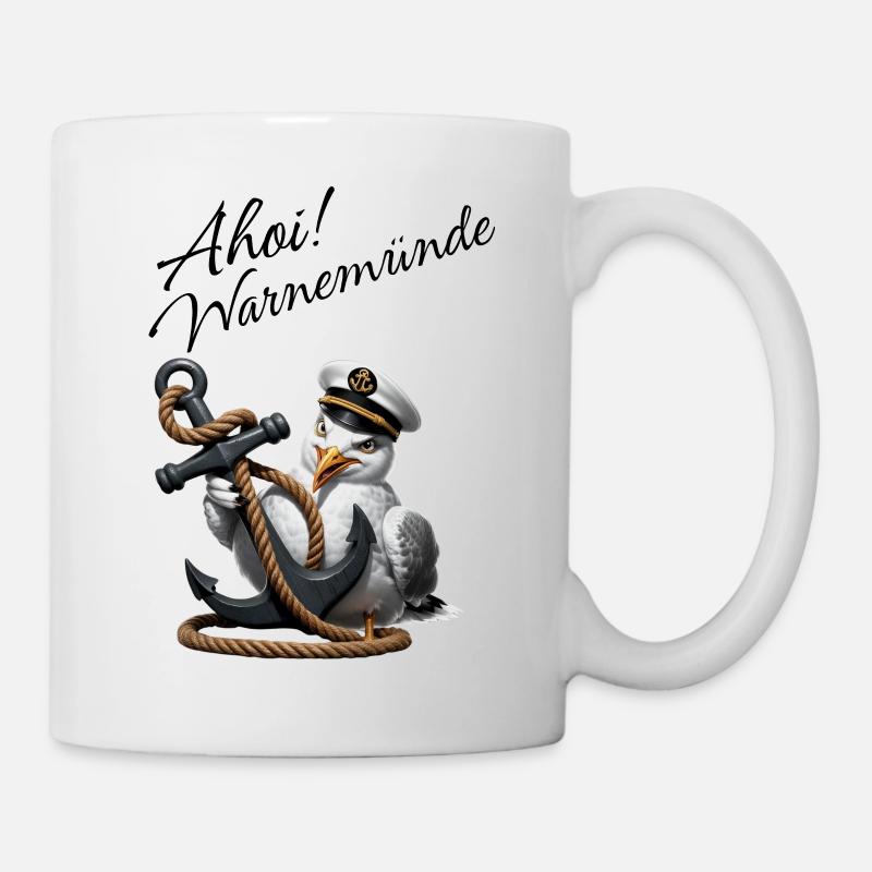 Ahoi Warnemünde ! Lustige Möwe mit Anker - Tasse - Weiß