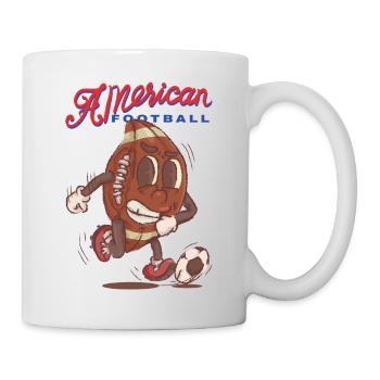 funny american football mascot playing soccer - Mug - white - Right