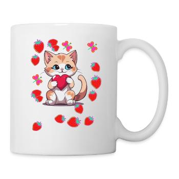 80er Retro Katze Katzen Erdbeeren Erdbeer Kinder - Tasse - Weiß - Rechts
