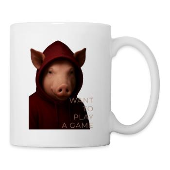 I Want to Play a Game – Horror Pig Hoodie Design - Mug - white - Right