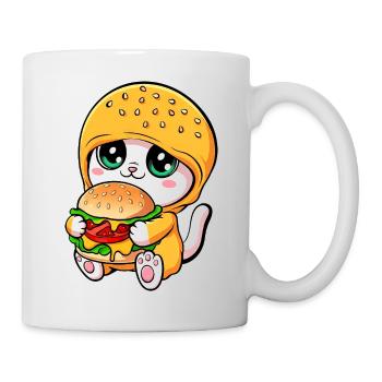 Süße Katze Cartoon Kapuze mit Hamburger Fast Food - Tasse - Weiß - Rechts