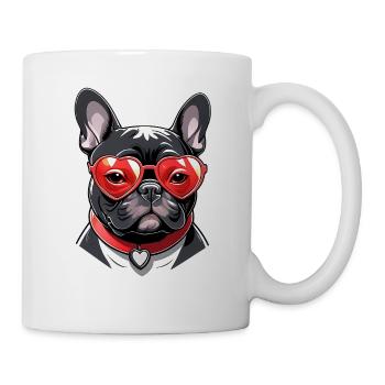 Französische Bulldogge mit Herzbrille und Halsband - Tasse - Weiß - Rechts