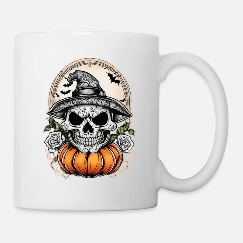 Halloween Witch Head with Pumpkin and Bats - Mug - white
