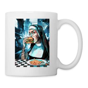 Neon nun bites burger in Cybercity - Mug - white - Right