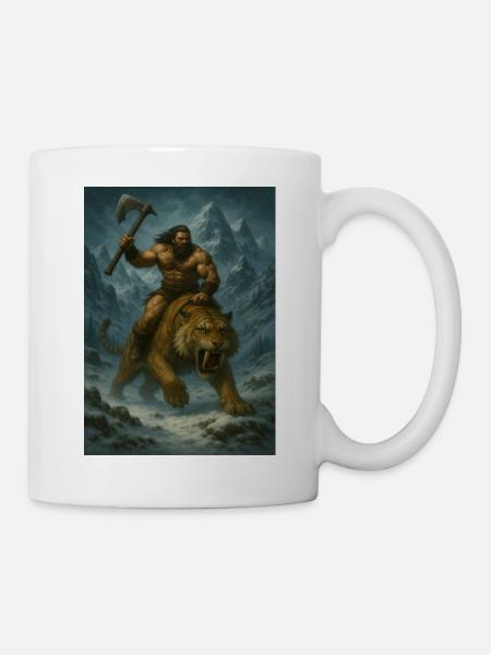 Wilder Krieger auf Sabertooth Tiger – Kunst - Tasse - Weiß