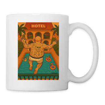 Vacancier sur le balcon sautant près de la piscine - Mug blanc - blanc - Droite