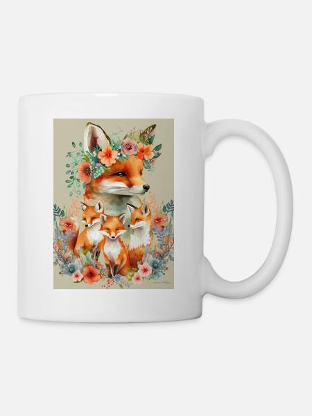 Fox family in flower wreath - Mug - white
