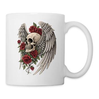 Vintage Gothic Flügel & Rote Rosen Schädel - Tasse - Weiß - Rechts