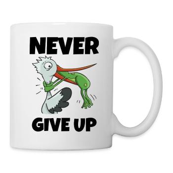 Niemals aufgeben, Frosch würgt Storch – lustige Motivation - Tasse - Weiß - Rechts