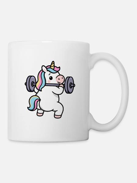 Muskulöses Einhorn – Regenbogenkniebeuge und guter Humeu - Tasse - Weiß