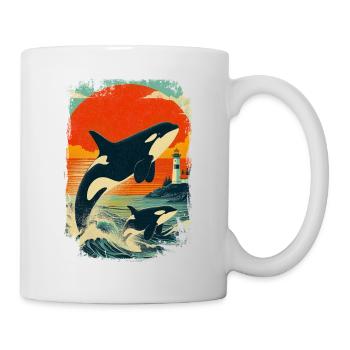 Orca Whale Family Lighthouse Vintage Sunset - Mug - white - Right