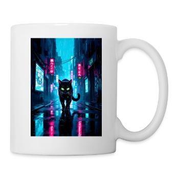 Black cyberpunk cat in neon rain city - Mug - white - Right