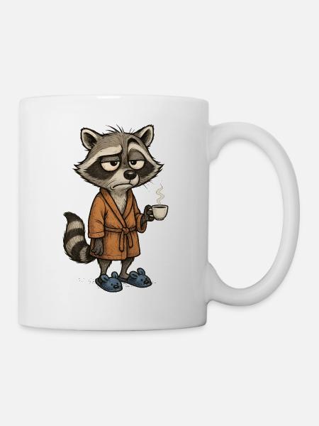 Müder Waschbär mit Kaffee – Süßes Morgenmotiv - Tasse - Weiß