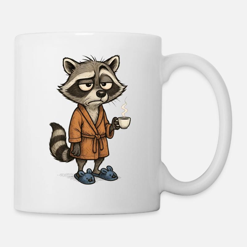 Müder Waschbär mit Kaffee – Süßes Morgenmotiv - Tasse - Weiß