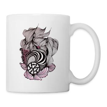 Spiralförmige Blütenkunst in Pink und Schwarz - Tasse - Weiß - Rechts