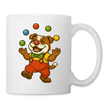 Jonglierender Bulldogge im bunten Outfit - Tasse - Weiß - Rechts
