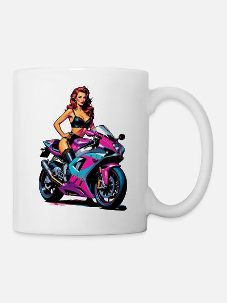 Pin-up-Mädchen auf Rennrad - Tasse - Weiß