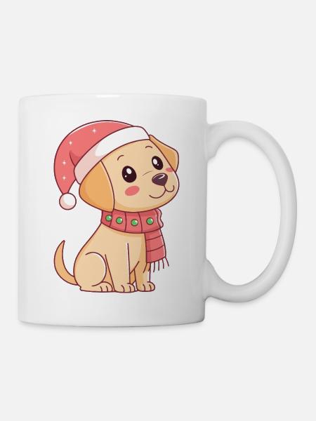 Festlicher Welpe mit Weihnachtshut - Tasse - Weiß