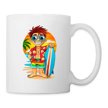 Fröhlicher Surfer mit Surfbrett am Strand. - Tasse - Weiß - Rechts