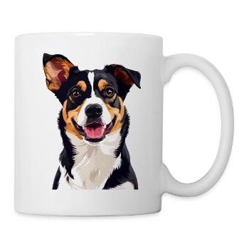 Fröhlicher Tricolor Hund lächelnder lustiger Hund - Tasse - Weiß - Rechts