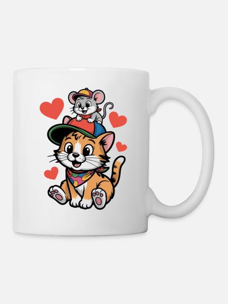 Katzenfreundschaft mit Maus - Tasse - Weiß