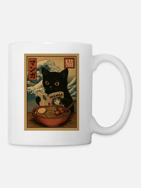 Cat lit des mangas mangeant Ramen Wave - Mug blanc - blanc