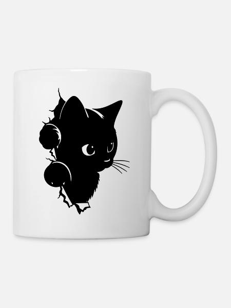 Neugieriges Schwarzes Kätzchen spioniert | T-Shirt Kawaii - Tasse - Weiß