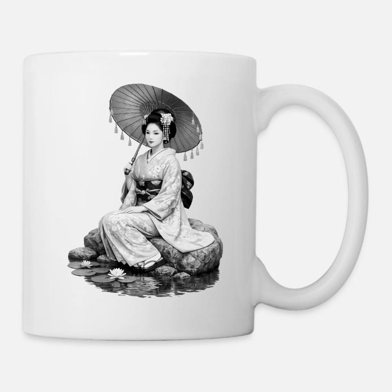 Geisha im Kimono mit Schirm - Tasse - Weiß