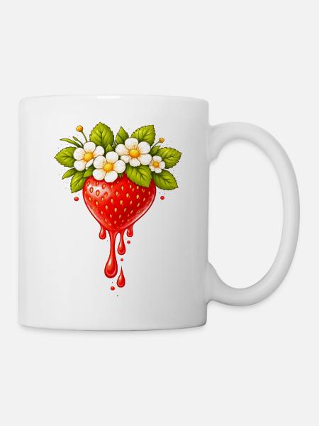Erdbeere mit Blüten und Tropfen - Tasse - Weiß