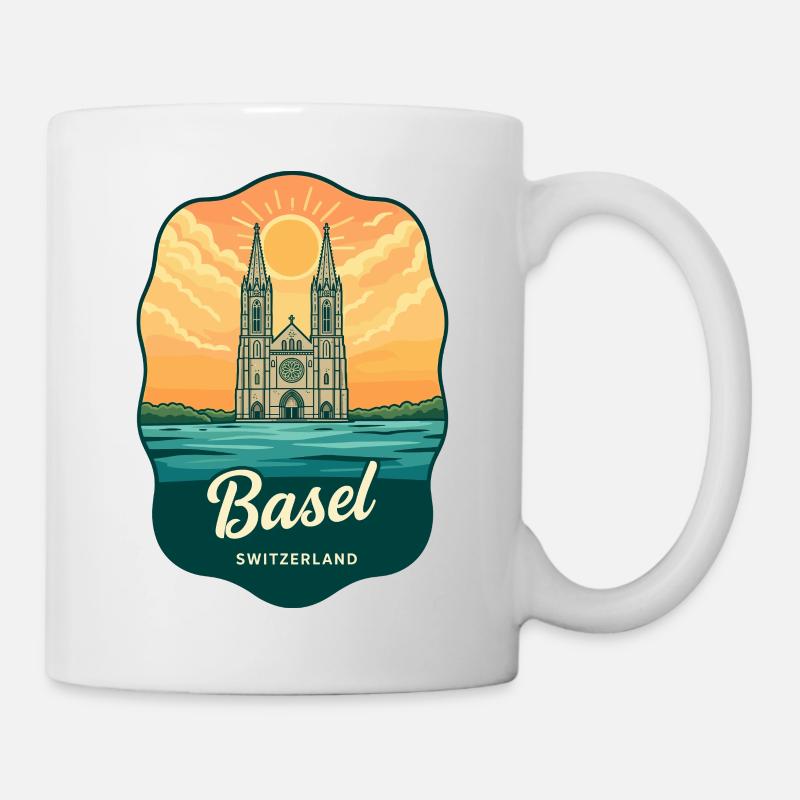 Basel Minster Retro Sonnenuntergangs-Reiseabzeichen - Tasse - Weiß