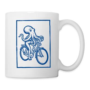 Octopus on Bicycle Linocut Print Funny - Mug - white - Right