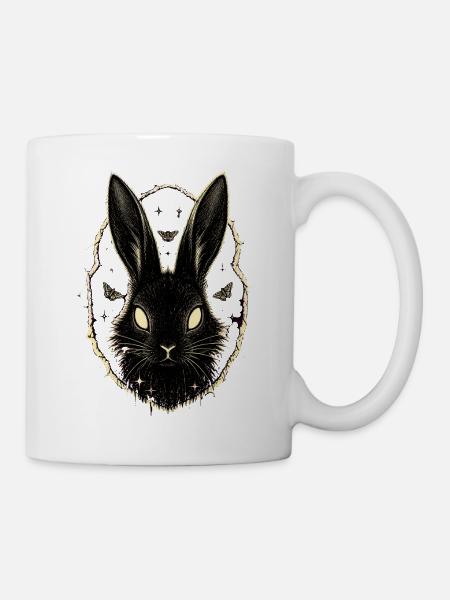 Schwarzer Hase mit Nachtfaltern - Tasse - Weiß