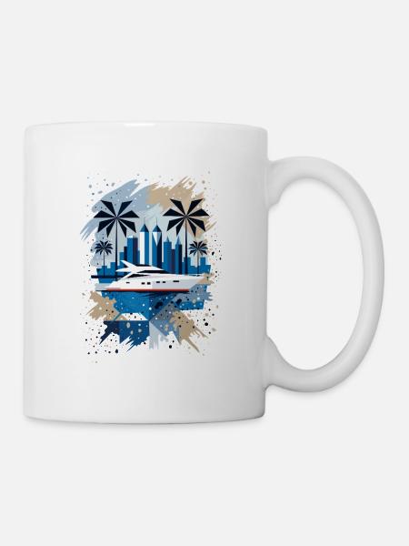 Panorama vom Meer mit Yacht und Palmen - Tasse - Weiß