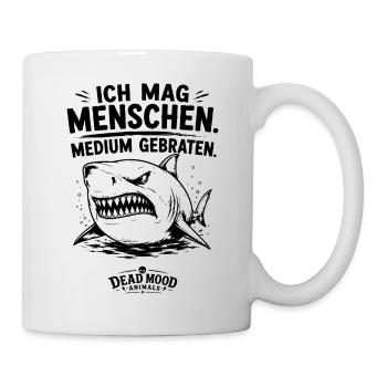 Ich mag Menschen. Medium gebraten. Böser Hai Fun. - Tasse - Weiß - Rechts
