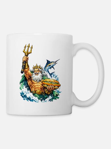Neptun mit Fischbrötchen - Tasse - Weiß